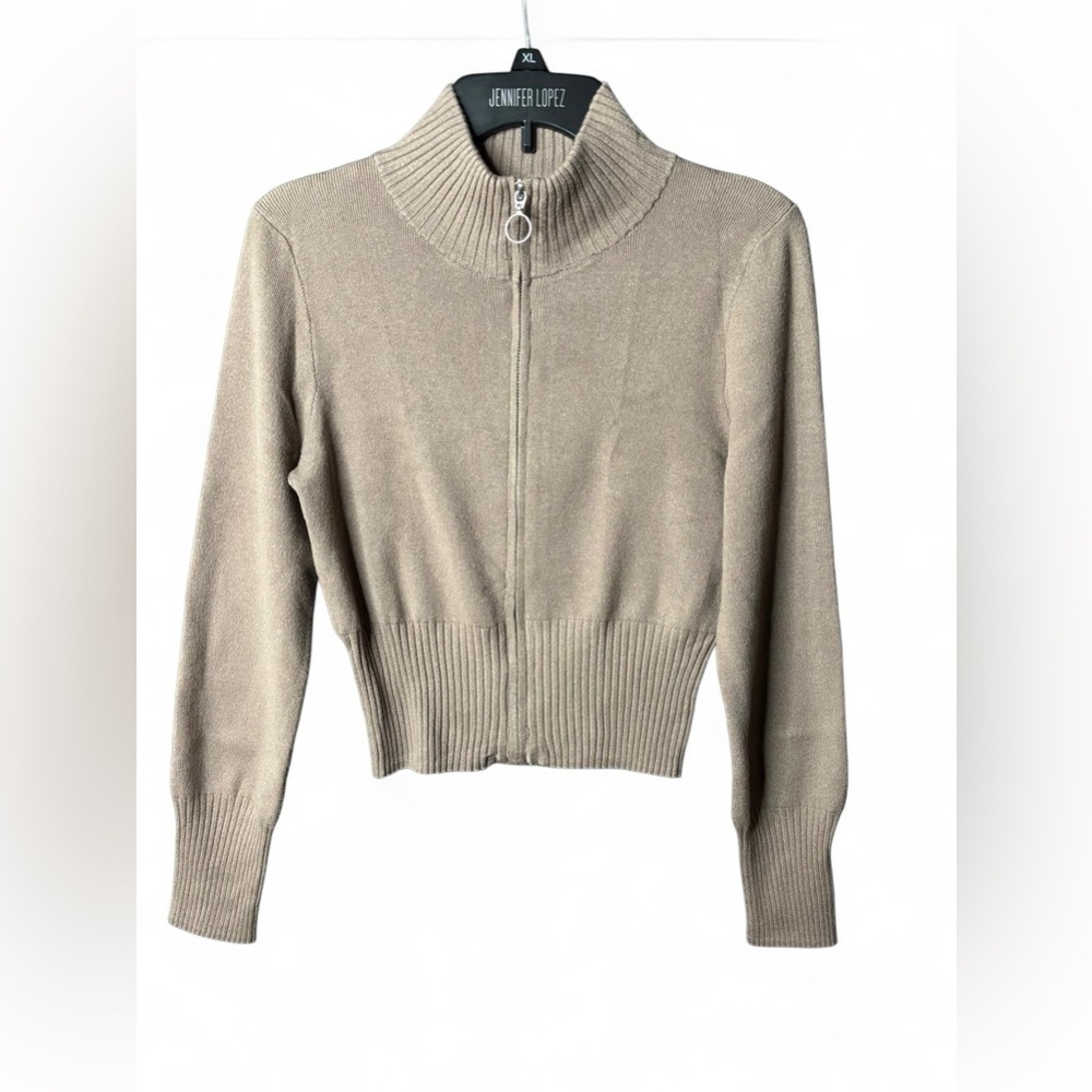 Pink Rose Ribbed Zip Up Sweater Cropped Mock Neck Brown Size L NWT